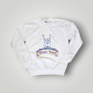Adult Trouble Maker White Fleece Sweatshirt, Size Small